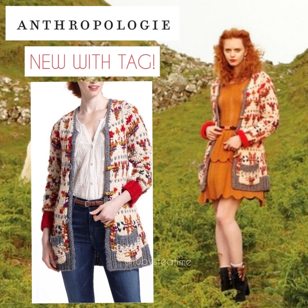 Chunky Knit Boho Neo Fairisle Cardigan Sweater, Wooden Toggle Buttons, ANTHRO